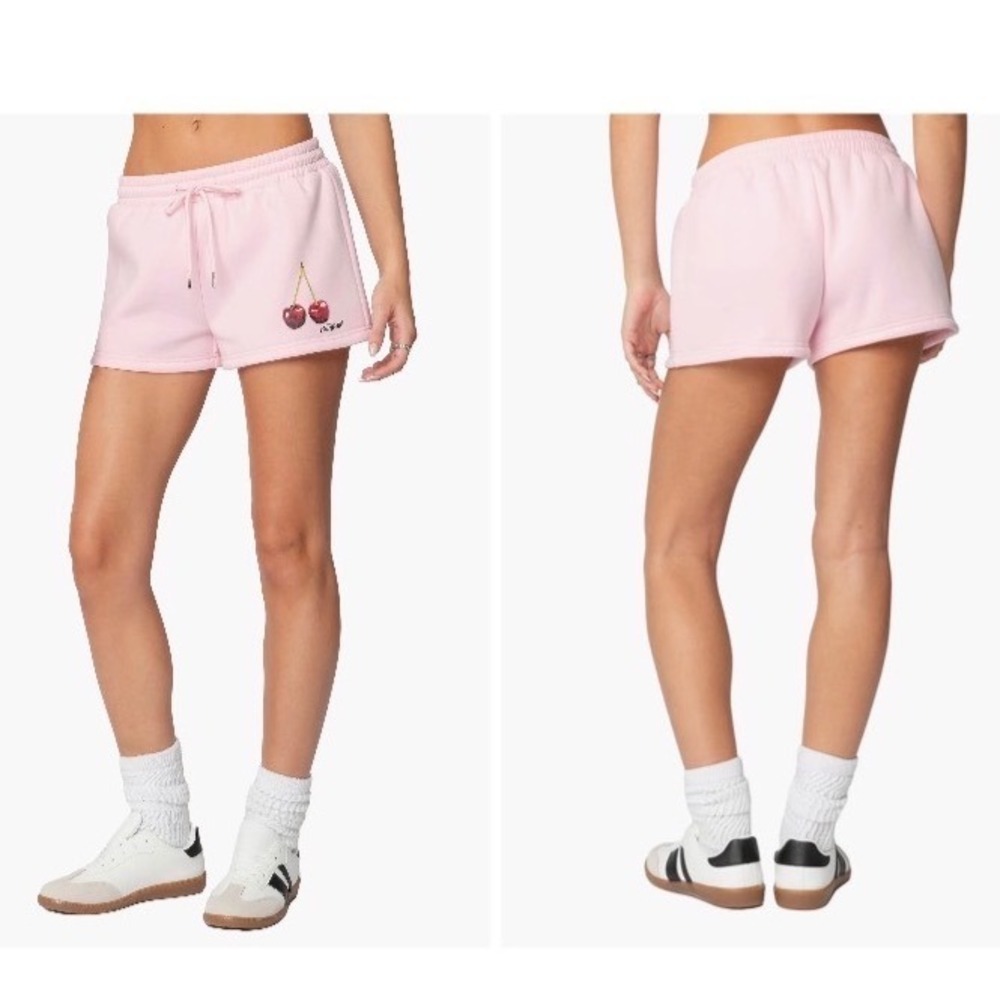 Edikted Mon Cheri Drawstring Shorts Light Pink Cherry Print XL NEW